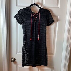 Ingear Resort Hooded Lace Swim Cover Up‎ Dress Black Lace Pink Suede Size S